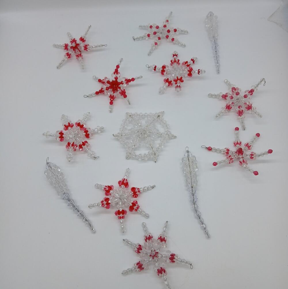 VTG Handmade Red Clear Glass Beaded Snowflake & Icicle Christmas Ornament 13 Set